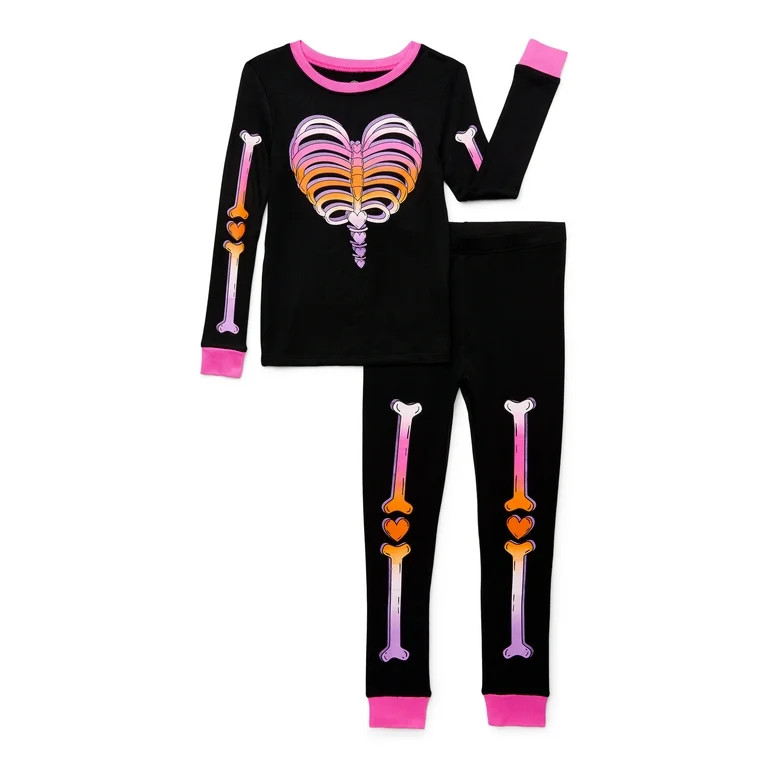Wonder Nation Girls Halloween Tight Fit Long Sleeve Top and Pant 2 Piece Pajama Set, Sizes 4-10 | Walmart (US)