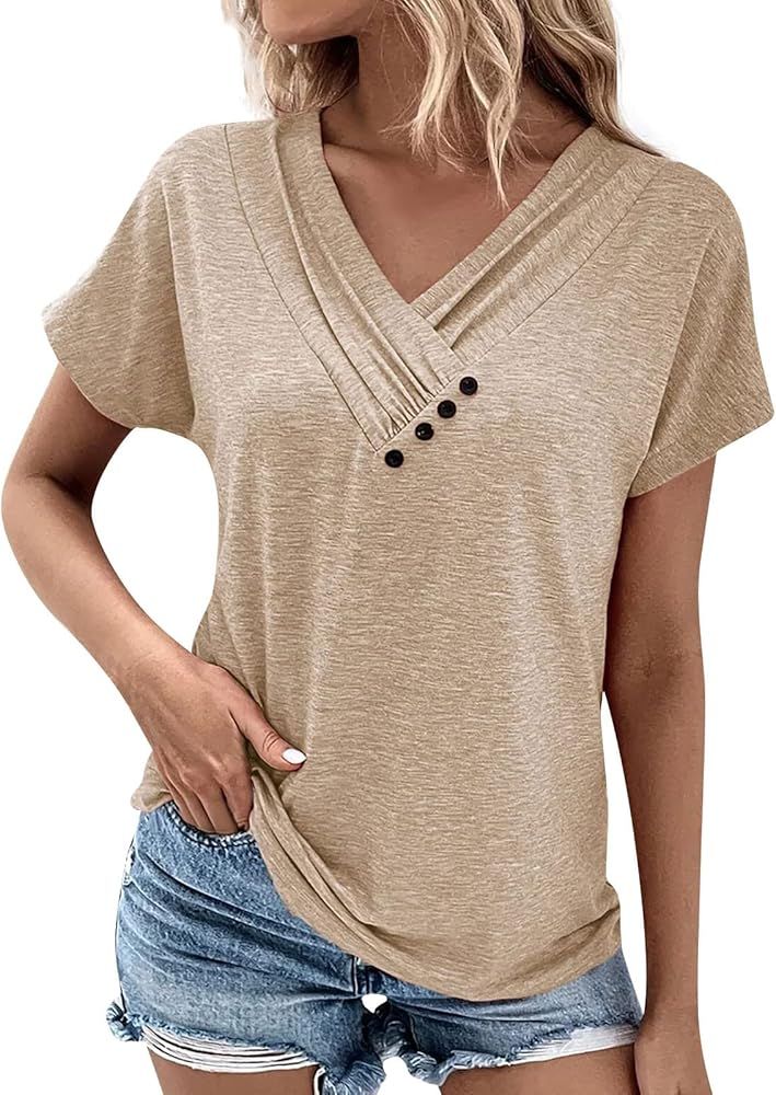 Womens Short Sleeve Blouses Spring Dressy Casual Loose Fit T Shirts Button Decor Summer Solid Col... | Amazon (US)