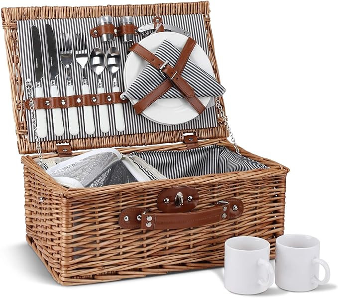 Picnic Basket for 2, Willow Hamper Set with Insulated Compartment, Handmade Large Wicker Picnic B... | Amazon (US)