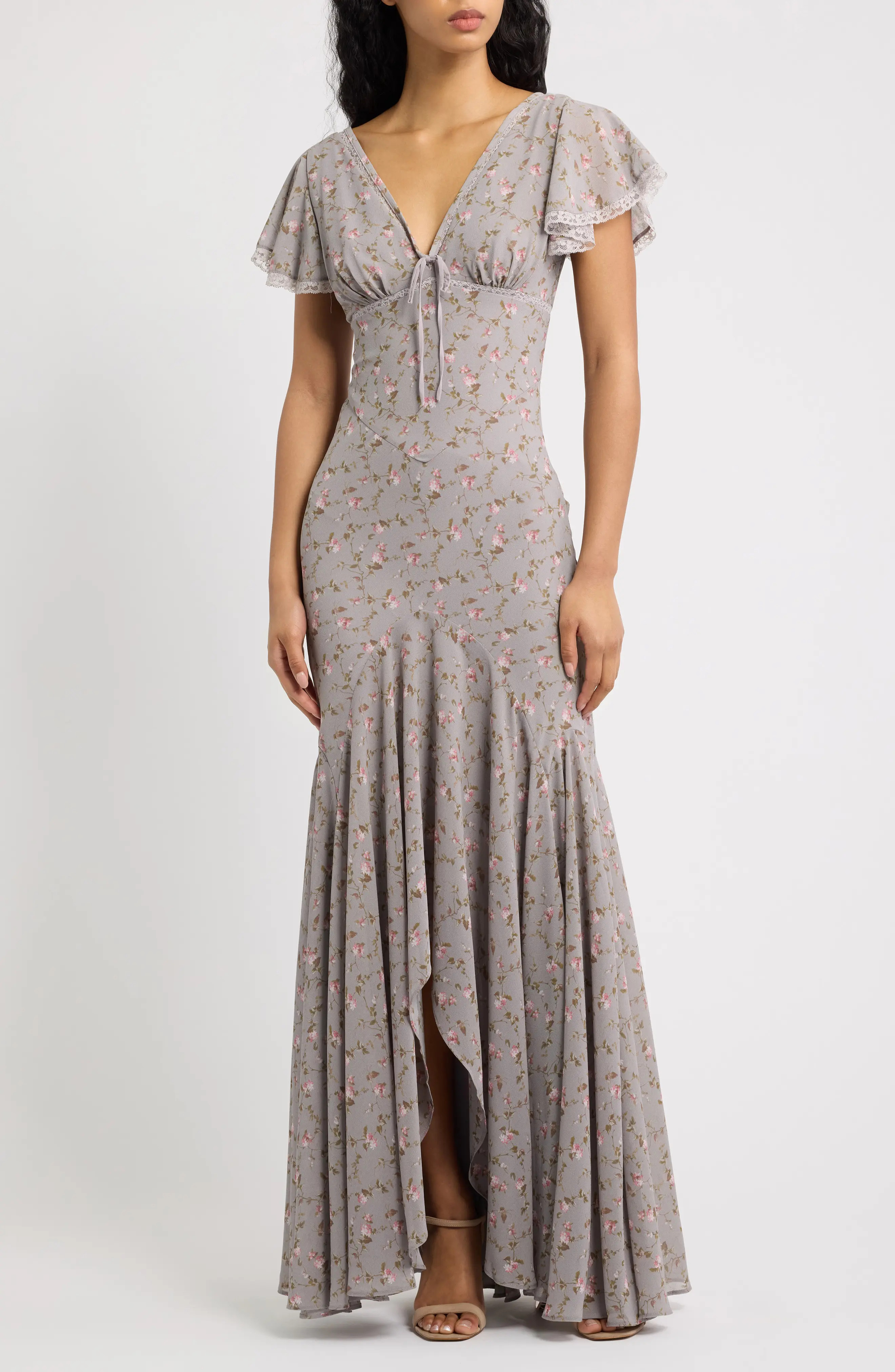 HOUSE OF CB Amina Floral Flutter Sleeve High-Low Gown in Lilac Vintage Floral Print at Nordstrom, Size Small | Nordstrom