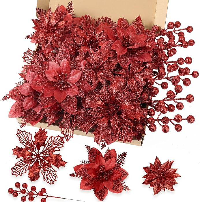 N&T NIETING 24 Pcs Christmas Poinsettia Artificial Flowers & Glitter Berries Stems Kit Christmas ... | Amazon (US)