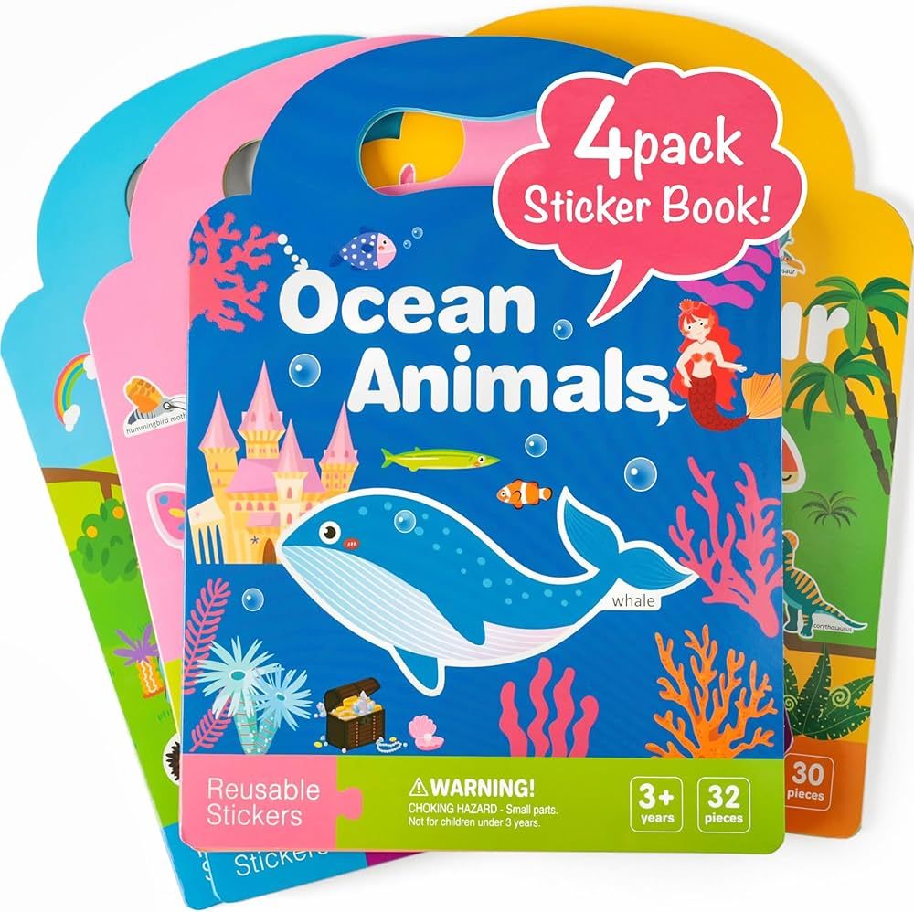 Play N Teach Sticker Books for Kids 4-Pack (Animals, Dinosaurs, Insects, Ocean Animals) 126 Reusable Puffy Stickers, Perfect for Travel, Learning, and Gifts | Amazon (US)