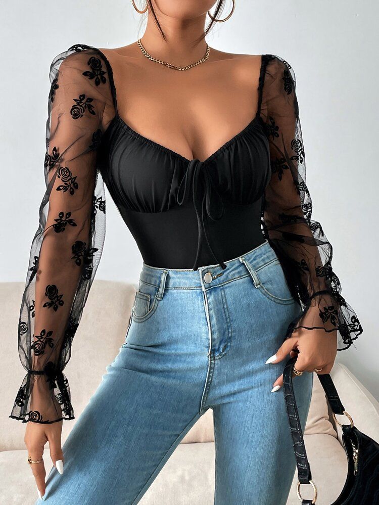 SHEIN SXY Contrast Floral Print Mesh Flounce Sleeve Ruched Bust Tie Backless Bodysuit | SHEIN