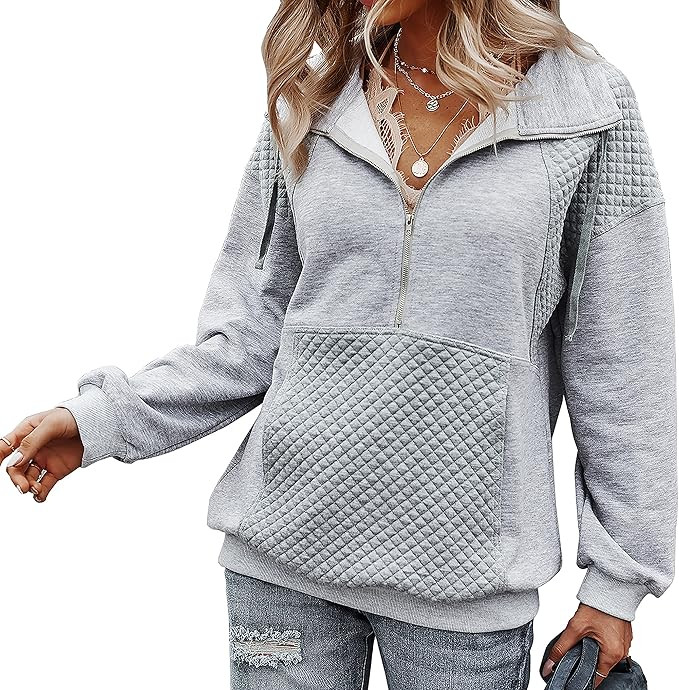 BTFBM Women Fashion Quilted Pattern Lightweight Zipper Long Sleeve Plain Casual Ladies Sweatshirt... | Amazon (US)