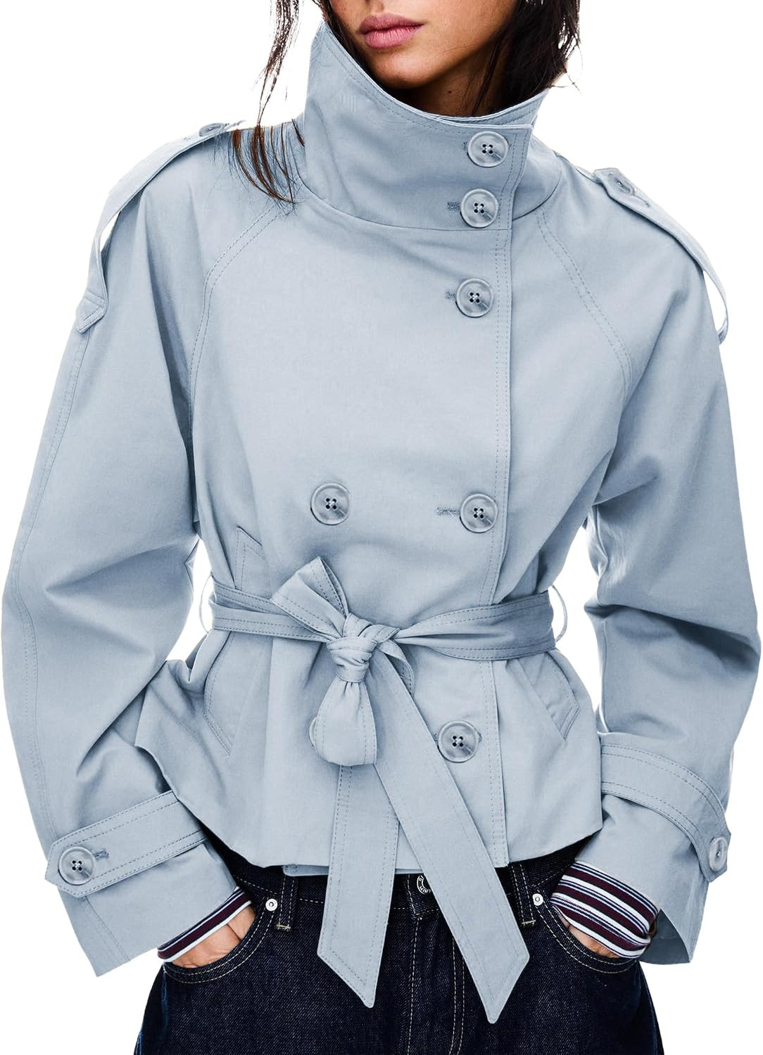 Women's Cropped Trench Coat Double Breasted Short Jacket High Collar Fall Winter Coats Trendy Outfit with Belt | Amazon (US)