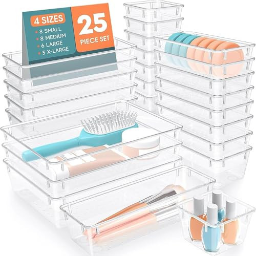 SpaceHacks 25 PCS Plastic Drawer Organizer Set, 4-Size Versatile Organizer Trays & Storage Bins for Makeup, Jewelry, and Gadgets in Bathroom, Bedroom and Office,Clear White | Amazon (US)