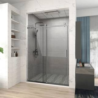 60 in. W x 76 in. H Single Sliding Frameless Corner Shower Enclosure in Brushed Nickel with Clear Glass | The Home Depot