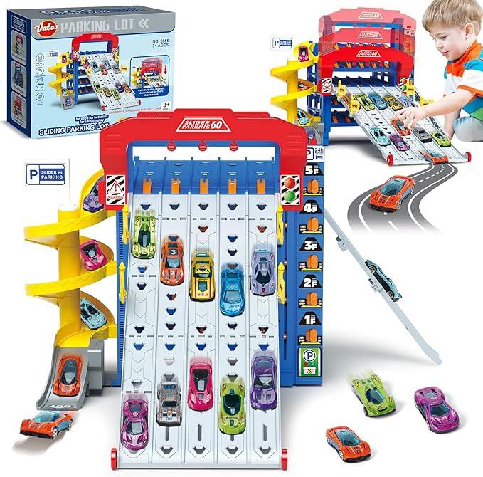 VATOS Sliding Track Truck Car, Parking Toy Storage Track Car Toy with 10 Cars for Boys Ages 3 4 5... | Amazon (US)