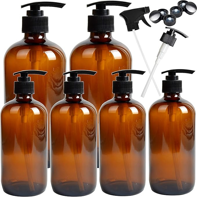 Youngever 6 Pack Empty Glass Pump Bottles, 2 Pack 16 Ounce and 4 Pack 8 Ounce Pump Bottles, Soap ... | Amazon (US)