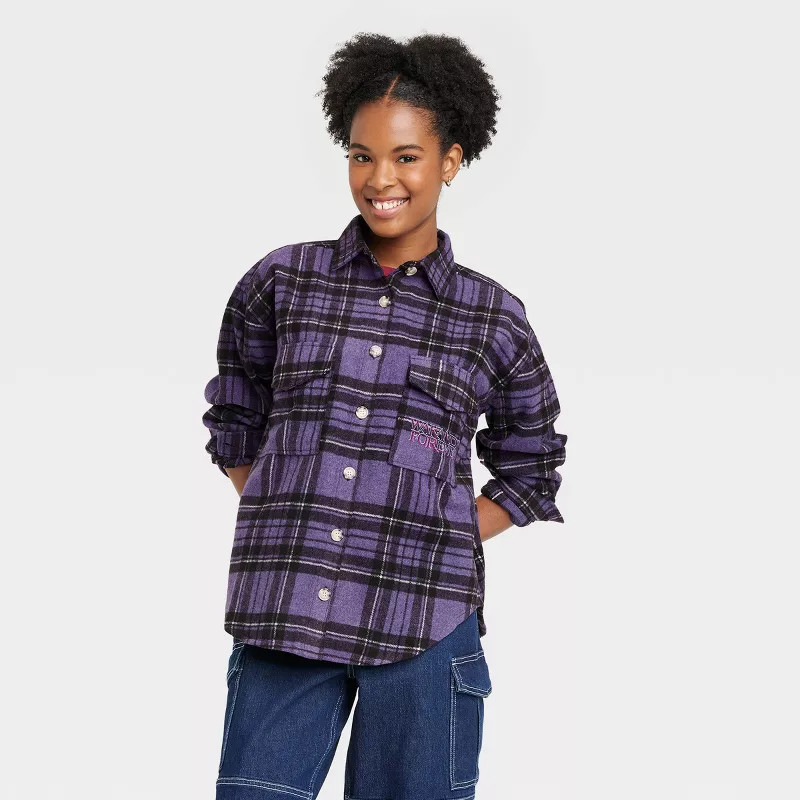 Women's Marvel Wakanda Forever Plaid Graphic Shacket - Purple | Target