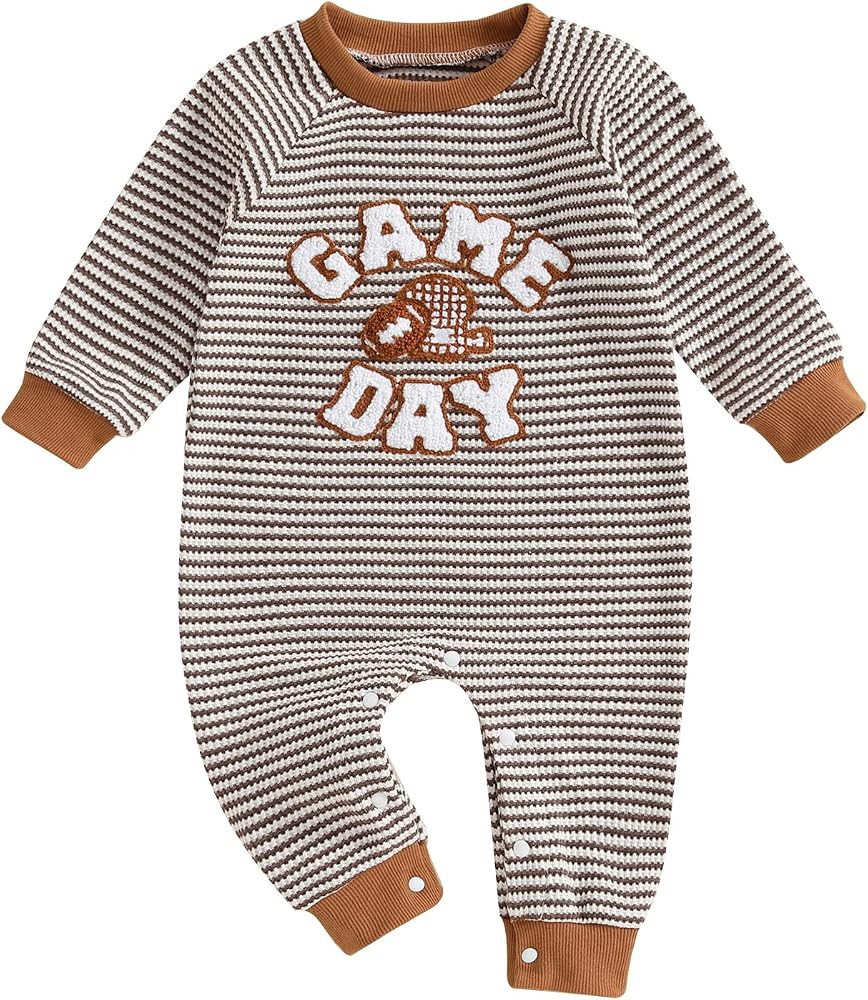 Karuedoo Newborn Baby Boy Girl Football Outfit Rugby Embroidery Stripe Romper Waffle Knit Long Sl... | Amazon (US)