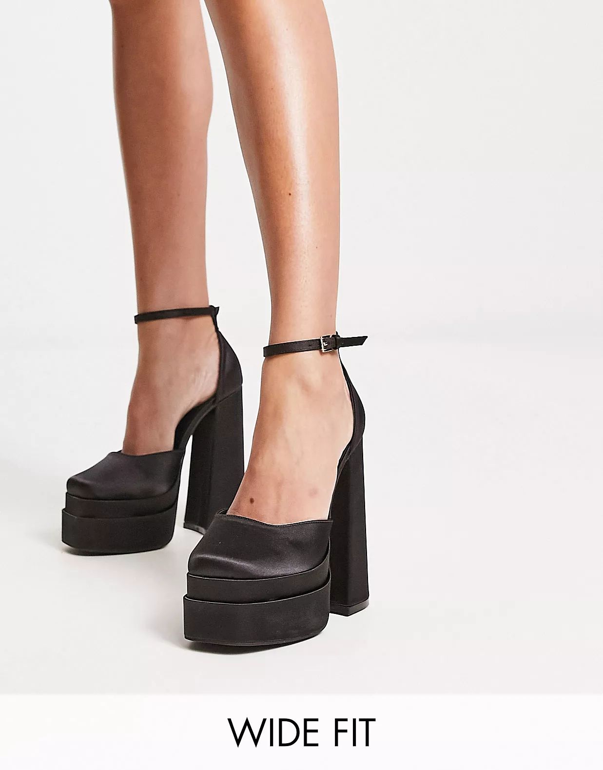 Truffle Collection Wide Fit double platform heeled shoes in black satin | ASOS (Global)