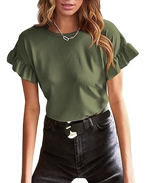 EVALESS Womens Short Sleeve Casual Basic T Shirts Summer Ruffle Plain Round Neck Knit Loose Fit T... | Amazon (US)