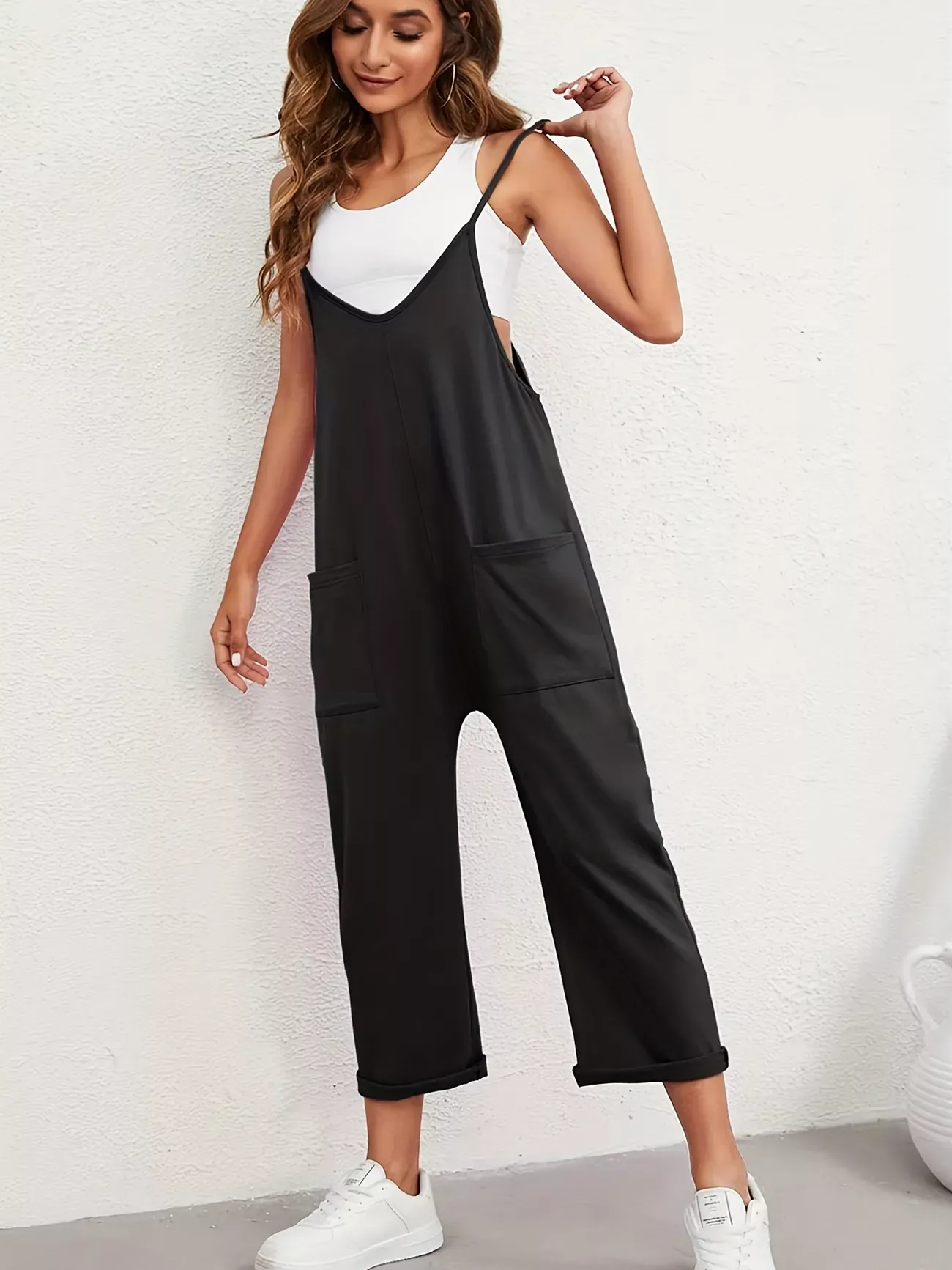 Wide Leg Cami Overall Jumpsuit Casual Sleeveless Overall - Temu