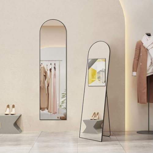 Arched Full Length Mirror, 59"x 16" Floor Mirror with Aluminum Alloy Thin Frame, Full Body Mirror Hanging or Leaning for Wall Bedroom Dressing Mirror Home Decor, Black | Amazon (US)