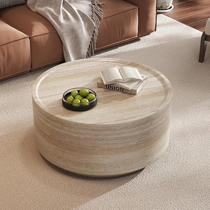 Merax 27.5" Round Coffee Table with Faux Luxury Marble Look, Drum Small Center Table with Strong ... | Amazon (US)