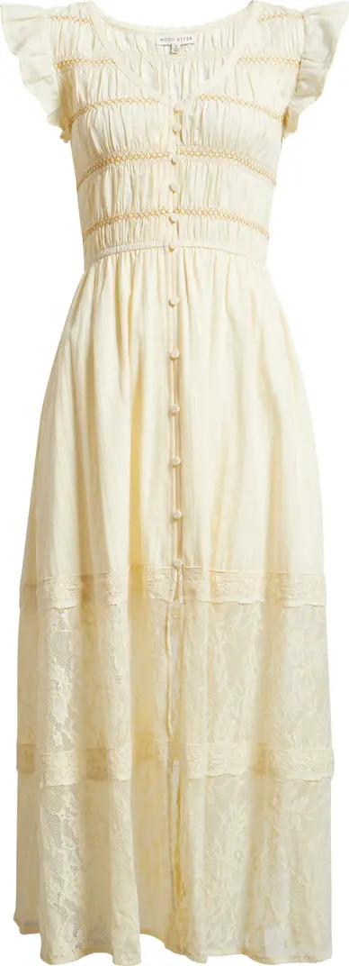 Lace Embroidered Ruffle Sleeve Midi Dress | Nordstrom