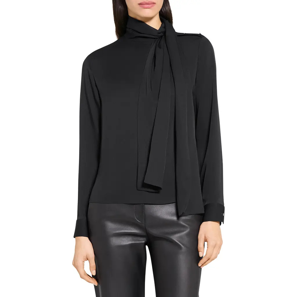 Theory Tie Neck Silk Top in Black at Nordstrom, Size Small | Nordstrom