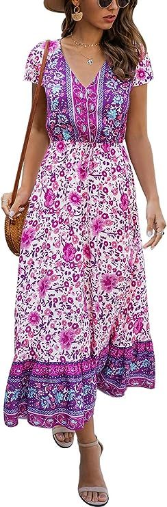Temofon Women's Dresses Summer Floral Print Button Up Casual Beach High Waist V Neck Maxi Dress | Amazon (US)