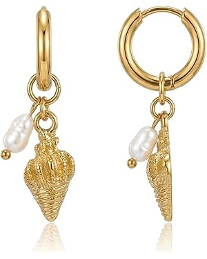 Mchic Starfish Earrings for Women: Gold Seashell Drop Hoop with Pearl Charm Ocean Vacation Dangle... | Amazon (US)