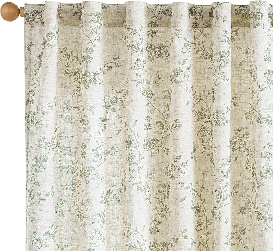 Lazzzy Farmhouse Linen Curtains Green Floral Curtains 96 Inch Length Back Tab Drapes for Living R... | Amazon (US)