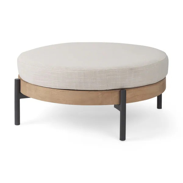 Colburne Cream Fabric with Light Brown Solid Wood Trim and Black Metal Legs Round Ottoman - Bed B... | Bed Bath & Beyond
