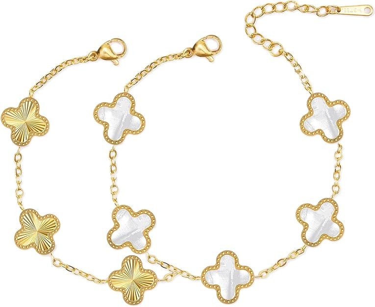 Unique 18K Gold Four Leaf Clover Bracelet for Women White Gold Lucky Link Clover Bracelets, Trend... | Amazon (US)