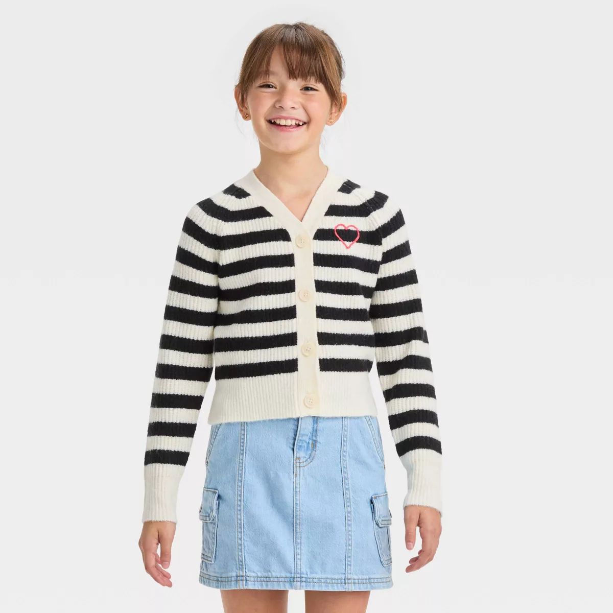 Girls' V-Neck Button-Front Striped Cardigan Sweater - Cat & Jack™ Black/White | Target