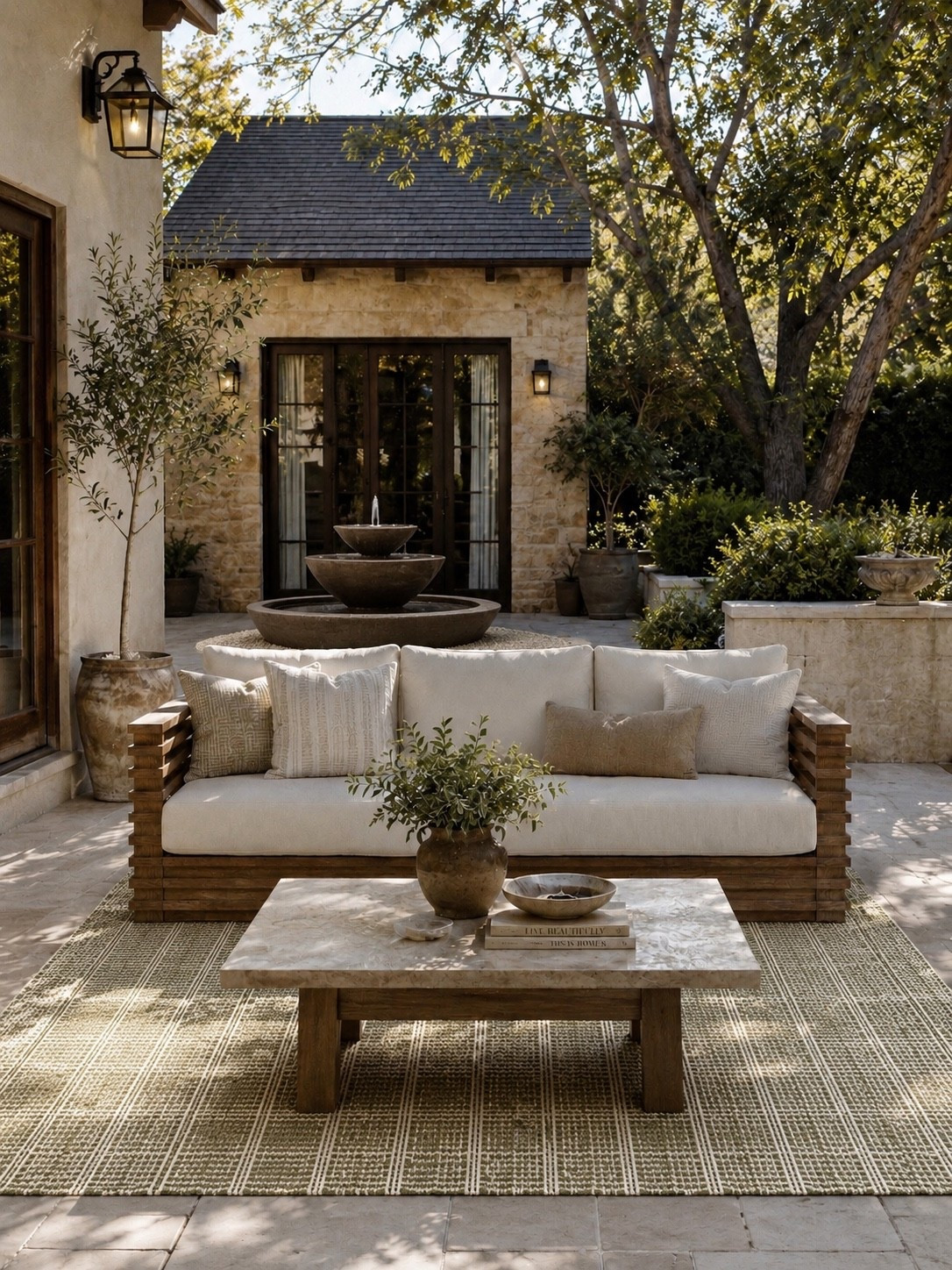 European Courtyard Dreams 🤍🌿

This outdoor living space feels like a luxury resort tucked away in the heart of home. The warm wood sofa, layered neutral pillows, and statement marble coffee table create a timeless gathering spot, while the elegant fountain adds the soothing sound of flowing water and a sense of everyday serenity.

Whether you’re hosting friends for cocktails or enjoying a quiet morning outdoors, this setup blends comfort, sophistication, and old-world charm in the most beautiful way. It’s the kind of space that invites you to slow down and stay awhile.

Follow @farmtotablecreations on Instagram for more cozy, elevated home finds and outdoor living inspiration. 🤍

#LTKHome #OutdoorLiving #PatioInspiration #BackyardGoals #LuxuryOutdoorLiving #EuropeanFarmhouse #CourtyardDesign #OutdoorDecor #HomeDecorFinds #BackyardRetreat #PatioFurniture #OutdoorOasis #NeutralHomeDecor #McGeeAndCoInspired #LTKStyle

#LTKHome #LTKSaleAlert