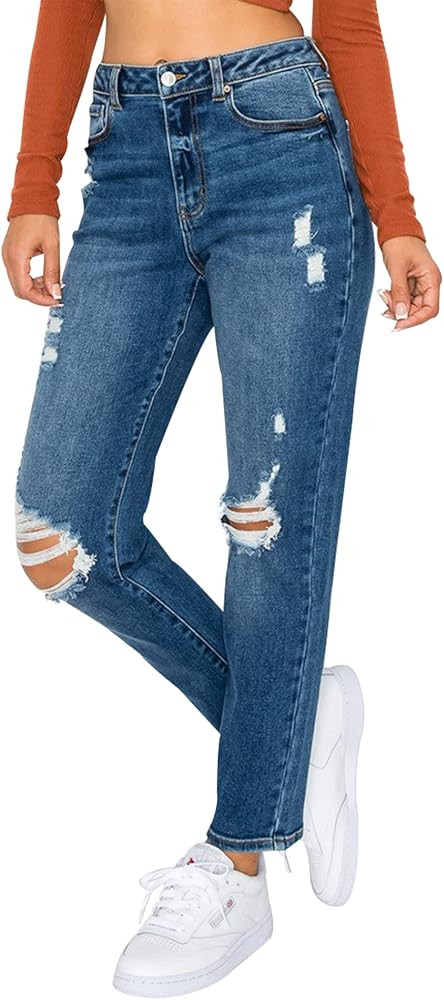 Little Vintage Girls Distressed Ripped Jeans for Women high Waist mom Jeans Boyfriend Jean,Wax Jeans | Amazon (US)