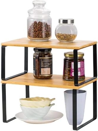 Latitude Run® Bamboo Kitchen Cabinet And Counter Shelf Organizer, Stackable & Expandable, Black ... | Wayfair North America
