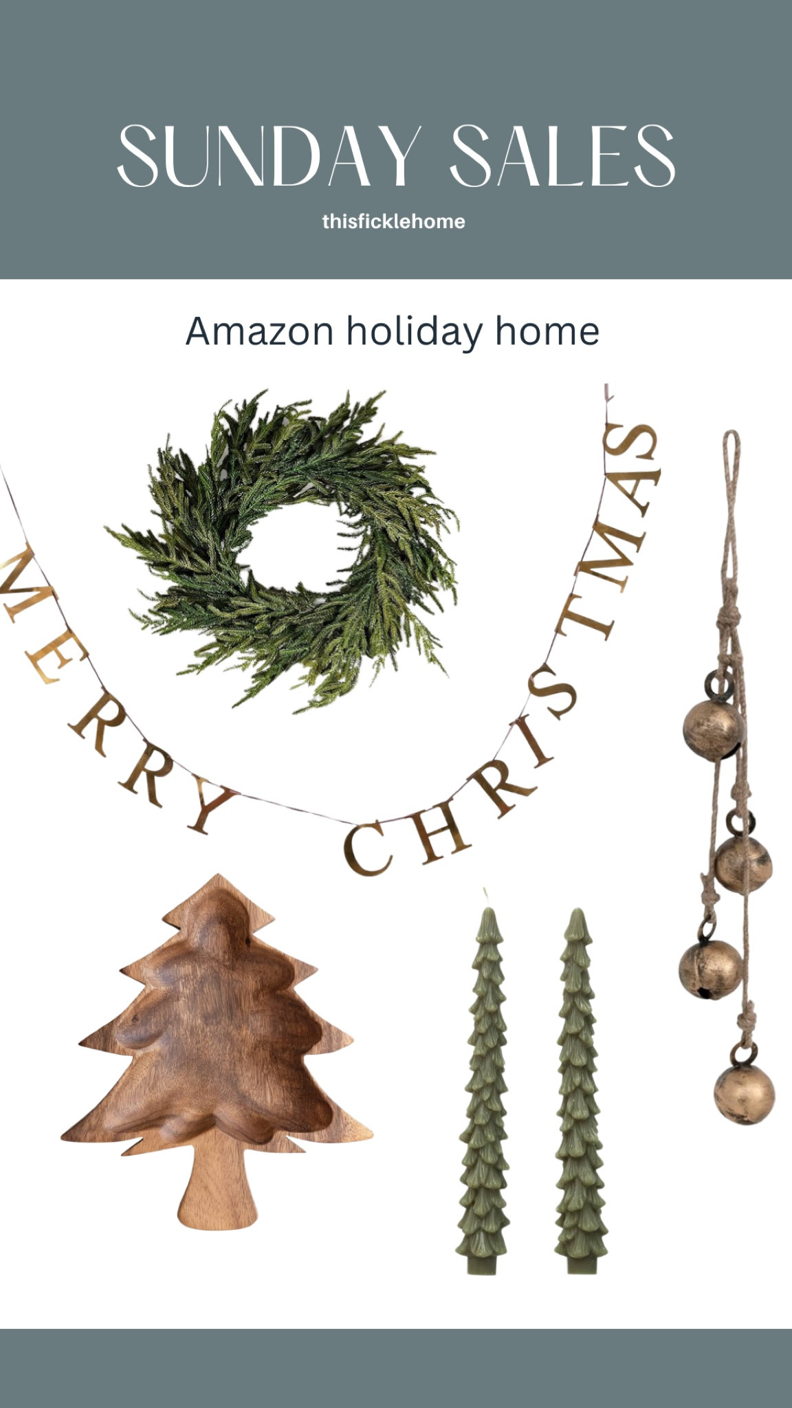 Afloral wreath, brass merry Christmas sign, wooden tree dish, unscented tree candles, metal bells, Amazon home finds, Amazon holiday decor.

#LTKhome #LTKsalealert