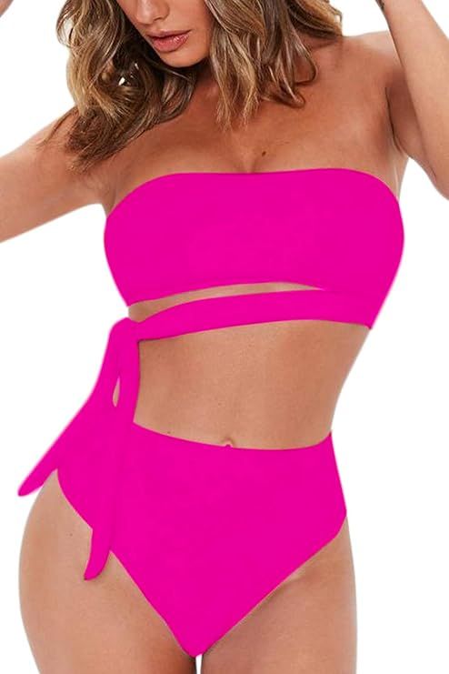 FAFOFA Women's Sexy Bandeau Tie Waist High Waisted Two Pieces Bikini Set Swimsuit | Amazon (US)