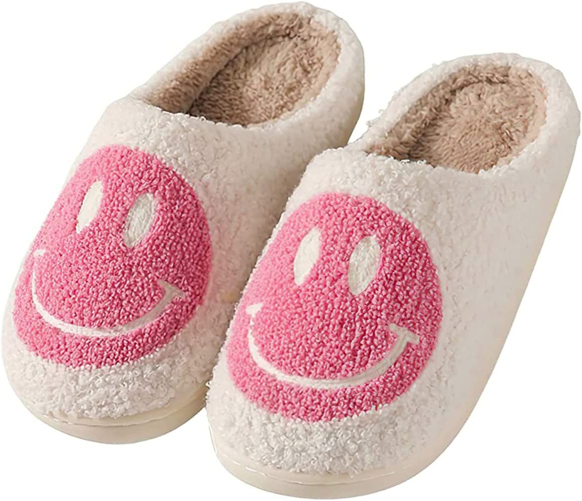 yagckaq Retro Preppy Smiley Face Slippers For Women Men Comfy Warm Plush Slip-On House Slipper In... | Amazon (US)