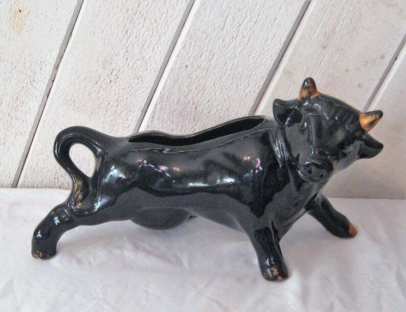 Vintage black bull planter, large indoor planter, mid century modern, ceramic bull statue, figuri... | Etsy (US)