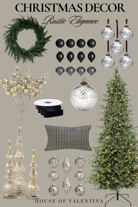 Our bedroom is totally ready for the holidays with the most stunning black and white Christmas tree! I’m obsessed with the black velvet ornaments, the mercury glass details, and those gorgeous matte black pieces. And don’t even get me started on the ribbon...it’s perfection! Rustic Elegance is hands-down the biggest Christmas decor trend of 2025! 

 #LTKHoliday #LTKSeasonal #LTKHome