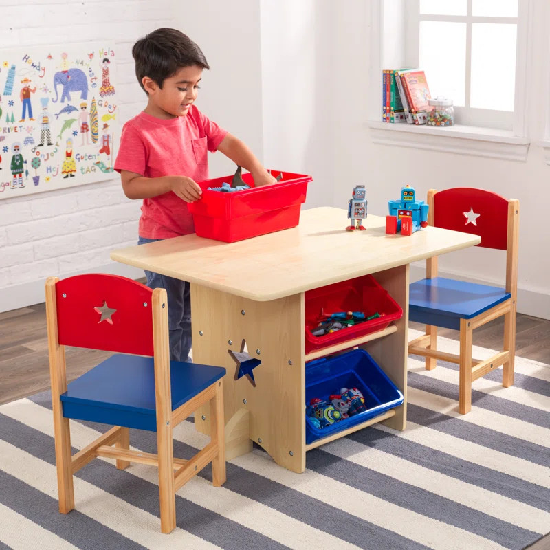 Wooden Star Table & Chair Set with 4 Bins, Red, Blue & Natural | Wayfair North America