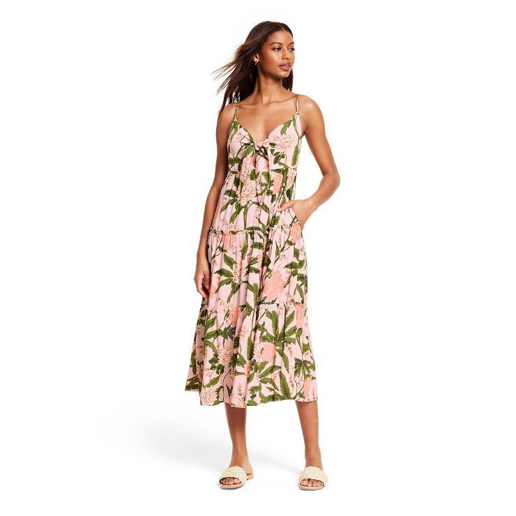 Women's Peony Botanical Print Tie-Front Midi Dress - Agua Bendita x Target Blush/Dark Olive | Target