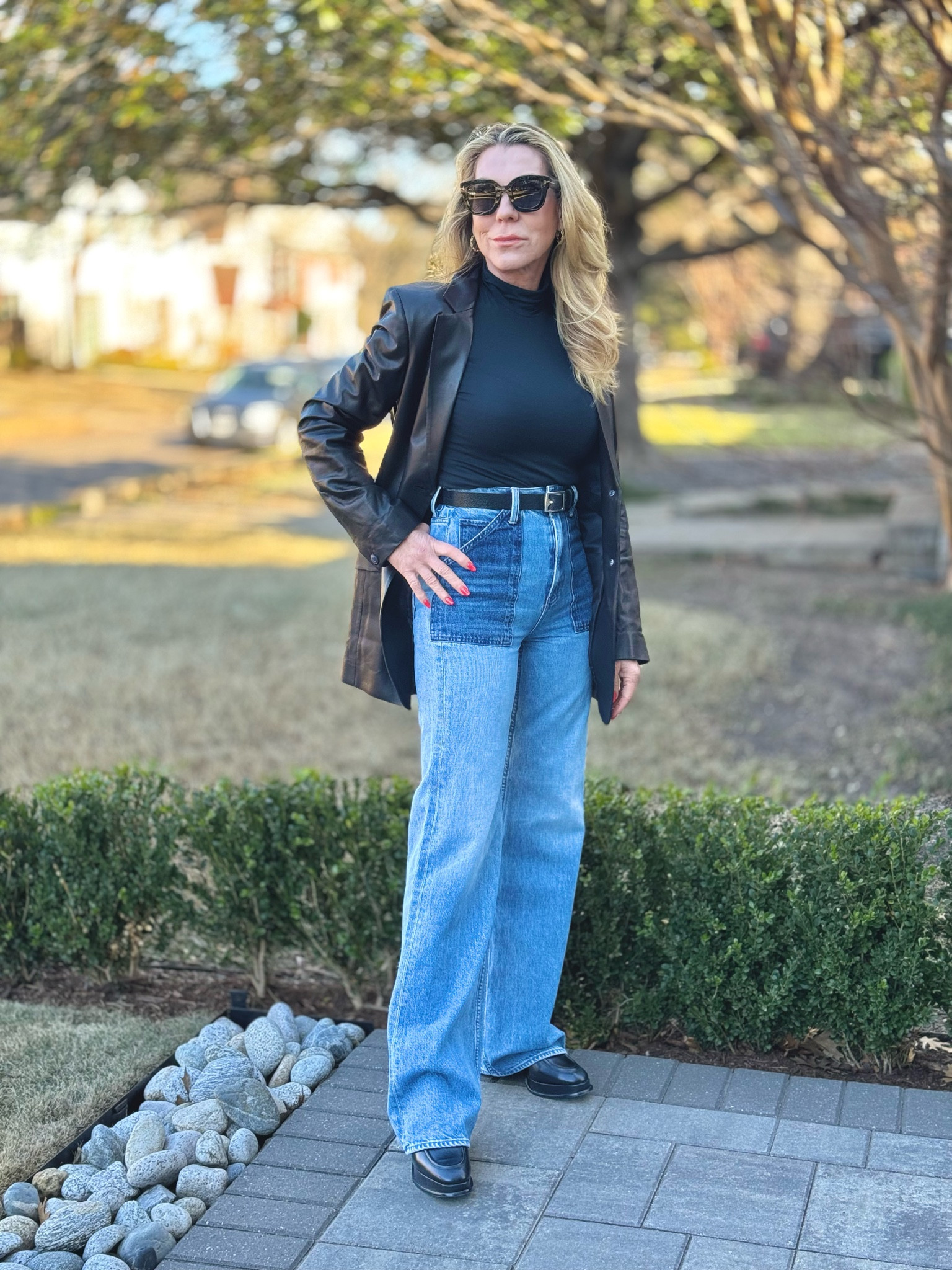 Jeans
These are such fun jeans! So much interest 💫 by Mother Superior 
They are high rise and since I am extremely short waisted they come up very high on me. I would suggest sizing up one size because they have no give to them. 
Adding to the cool vibe that comes with these jeans I kept it basic with this mock turtleneck  BUT…  this faux leather blazer brings it all together with a sophisticatedl cool look! 🖤☑️

#LTKstyletip #LTKover40 #LTKSeasonal