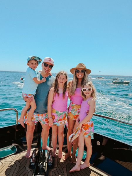 Family boat day!!! 

Our sarongs are from show me your mumu but not available anymore 😫 linked the rest here tho! 

Family swimsuits, one piece swimsuit, matching swimsuits, summer outfit, vacation outfit 