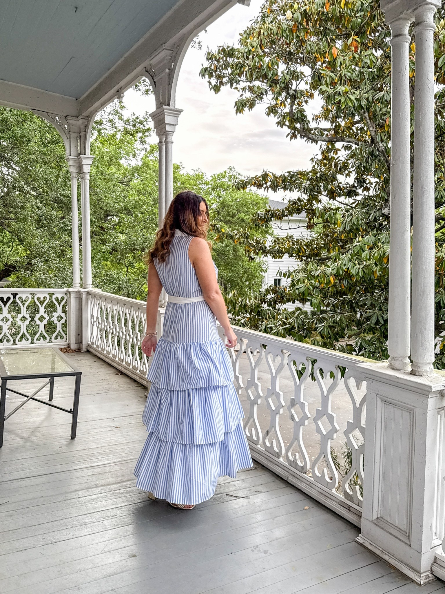 What wore in Savannah - blue and white striped ruffle maxi dress, gold heels 

#LTKStyleTip #LTKFindsUnder100 #LTKFindsUnder50