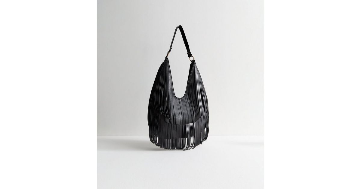 Black Faux Leather Fringe Scoop Shoulder Bag | New Look | New Look (UK)