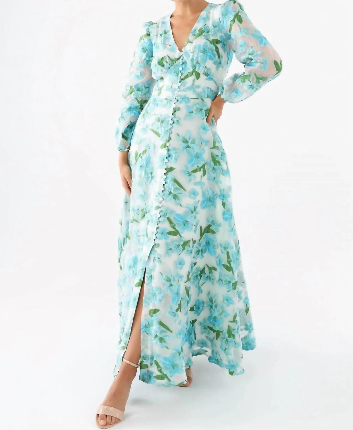 Brooke Sheer Sleeves Gown In Tropical Organza | Shop Simon
