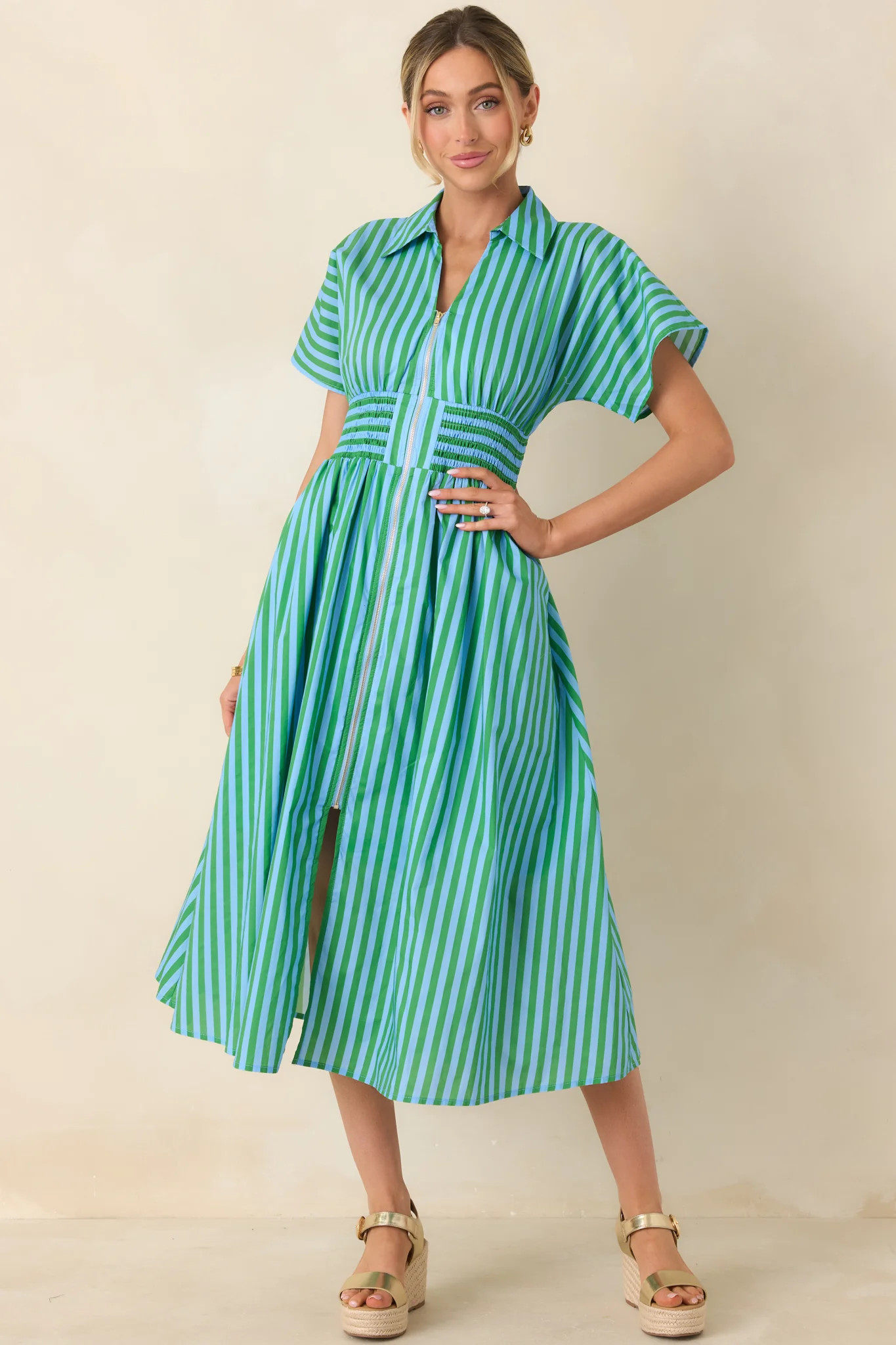 Put It in Motion Light Blue & Green Stripe Cotton Midi Dress | Red Dress