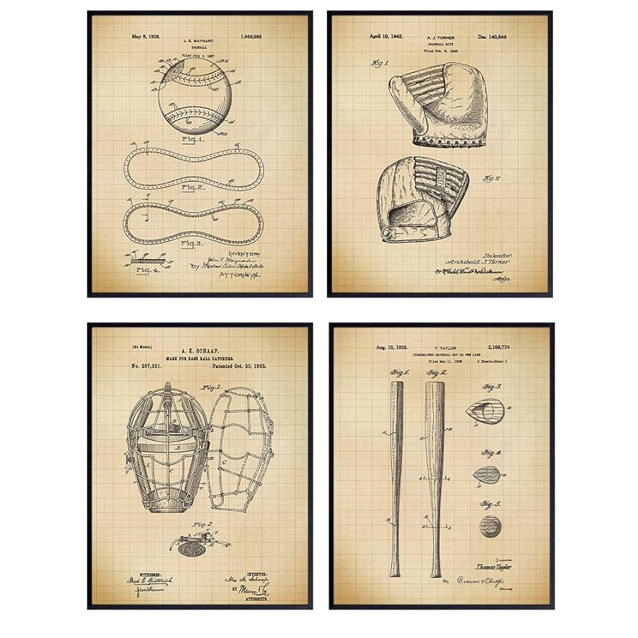 Baseball Patent Art Prints - Vintage Retro Wall Art Poster Set - Chic Contemporary Home Decor for... | Amazon (US)