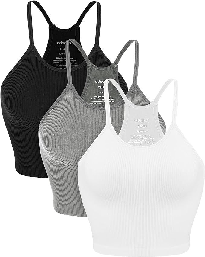 ODODOS Women's Crop 3-Pack Washed Seamless Rib-Knit Camisole Crop Tank Tops | Amazon (US)