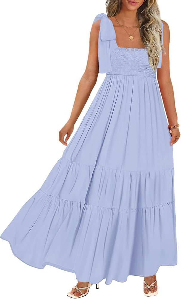 Women's Summer Maxi Dress Boho Spaghetti Straps Casual Long A-line Smocked Beach Dress Square Nec... | Amazon (US)