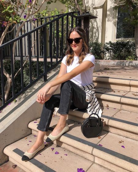 Spring outfit in white tee, black jeans and cap toe flats. Love this look with a striped sweater or cardigan around the waist. Linking one that can be worn either way! 

#LTKshoecrush #LTKSeasonal #LTKstyletip