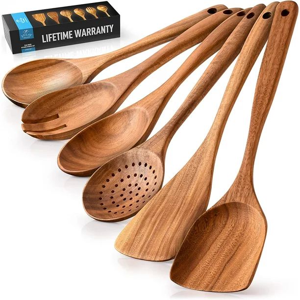 Zulay Kitchen (6 Pc Set) Teak Wooden Cooking Spoon Utensils Set in Non-Stick Smooth Finish | Walmart (US)
