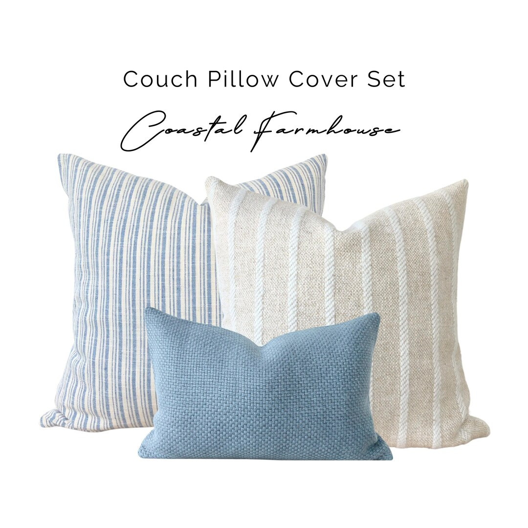 Coastal Blue Pillow Cover Set, Coastal Blue Cream Throw Pillow, Blue Striped Throw Pillow, Coasta... | Etsy (US)